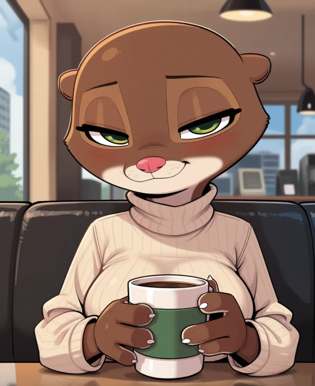 Best Quality, Masterpiece, Indoors, Cafe, 1girl, Solo, Otter...