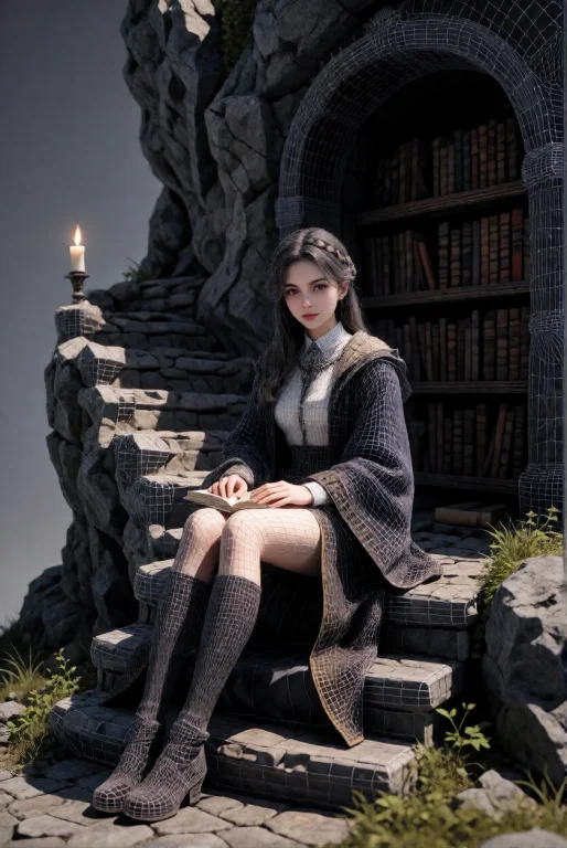 3dworld A Young Woman Sits On The Steps Of A Cliff Library C...