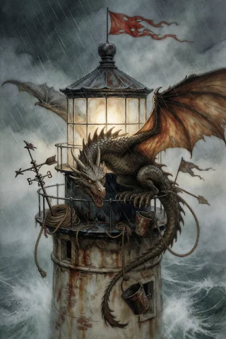 A Weathered Dragon Clinging To The Outer Gallery Of A Lonely... — Stable Diffusion AI Prompt: A weathered dragon clinging to the outer gallery of a lonely lighthouse during a...