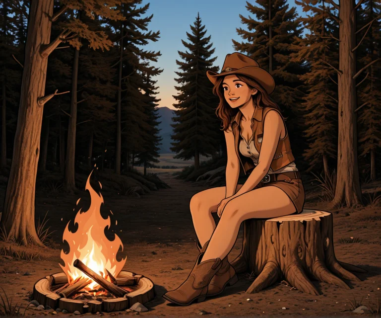 1girl, Tc73, Wearing Brown Cowgirl Vest, Sitting On Tree Stu...