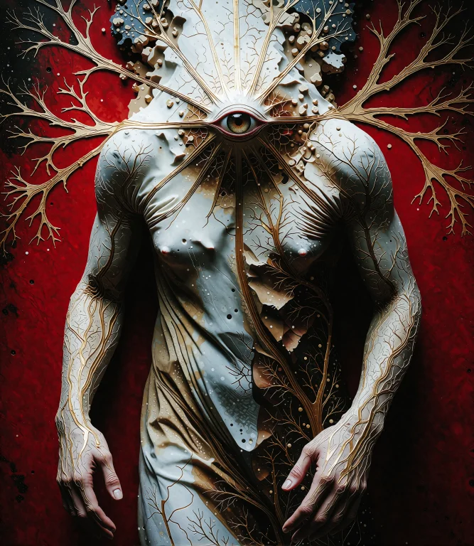 Ethrift A Figure Materializes Against A Deep Saturated Red G...