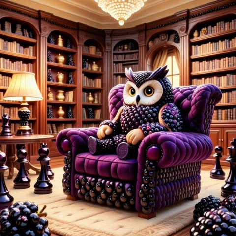 Blackberryworld Owl, Bird Body Of Shiny Round Berries, Bumpy... — SDXL AI Prompt: blackberryworld owl, bird body of shiny round berries, bumpy texture, perched on...