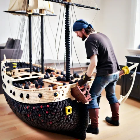 A Pirate Desperately Trying To Assemble Ikea Furniture On Hi... — SDXL AI Prompt: A pirate desperately trying to assemble IKEA furniture on his blackberryworld sh...