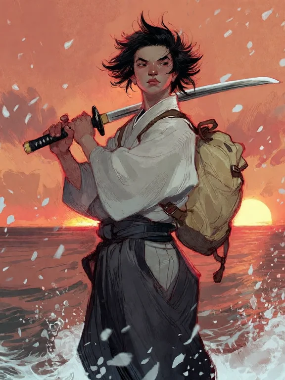 Bradhamel Art Style. A Young Asian Samurai With Spiky Black...