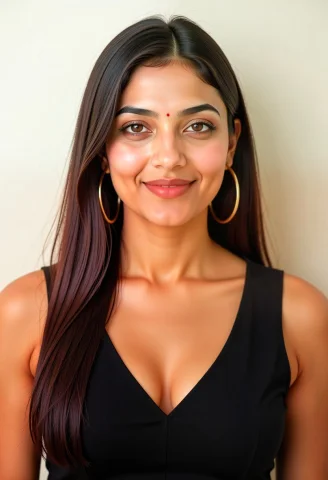 Studio Close-up Portrait Of A South Asian Woman Standing Aga... — FLUX AI Prompt: Studio close-up portrait of a South Asian woman standing against a plain off-whi...