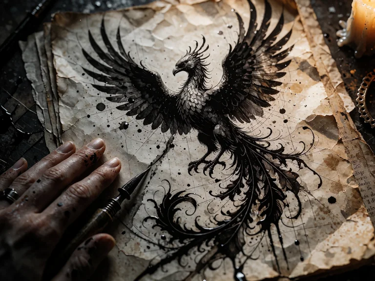 Hyperreal Overhead Close-up Of A Hand-drawn Phoenix In Black...