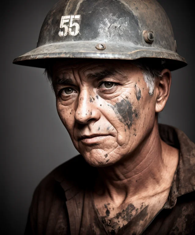 A Photo Of A Miner, Tired Look, 55 Years Old Man, Face Stain...