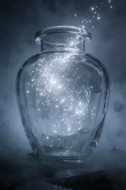 A Giant, Elegant Glass Amphora Vase Standing In A Dark, Mist...