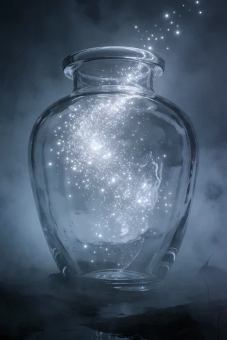 A Giant, Elegant Glass Amphora Vase Standing In A Dark, Mist... — Stable Diffusion AI Prompt: A giant, elegant glass amphora (vase) standing in a dark, misty swamp. The trans...