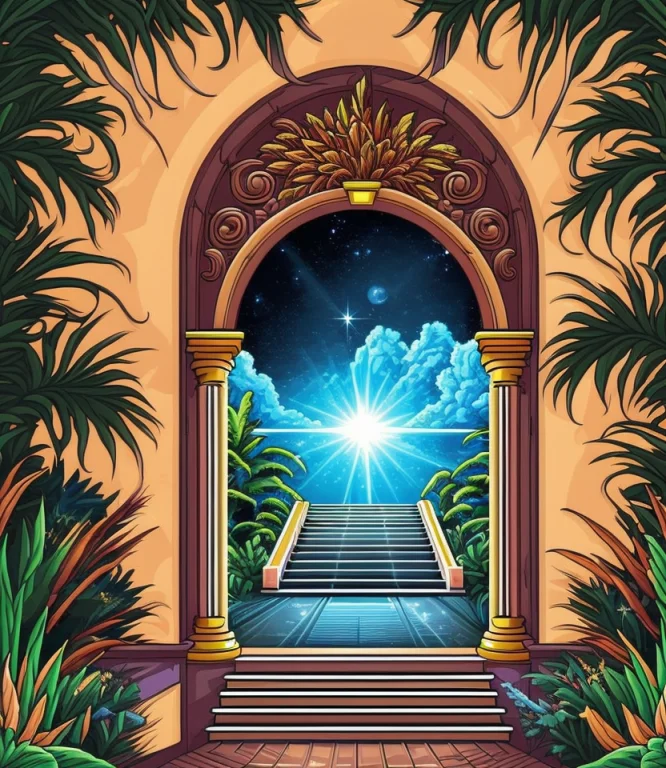 Entrance To Otherdimension, Island, Tropical Leaves, Stairs,...