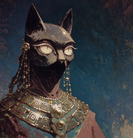 Dcdrkfntsy. A Figure Wearing A Polished Black Cat Mask With... — Stable Diffusion AI Prompt: / dcd@rkf@ntsy./ A figure wearing a polished black cat mask with pointed ears st...