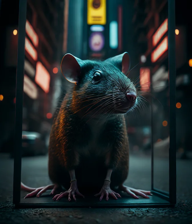 Dramatic Dark Photo Of Rat Alone In Times Square, Wide Angle...