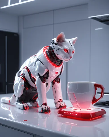 A Mischievous Robot Cat On A Futuristic Kitchen Counter Push... — Stable Diffusion AI Prompt: a mischievous robot cat on a futuristic kitchen counter pushing a coffee mug off...