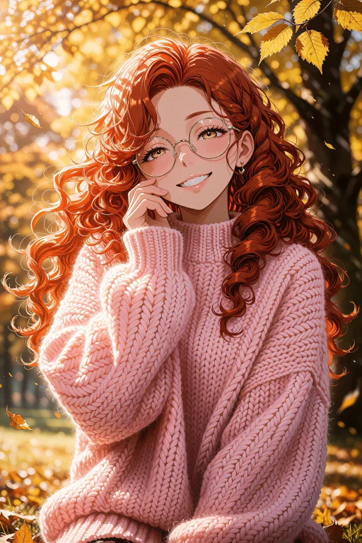 Anime Style Portrait, Young Woman With Long Curly Red Hair A...