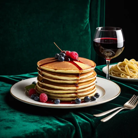 Foodvelvetjewel2, Product Photography Of A Stack Of Pancakes... — SDXL AI Prompt: foodvelvetjewel2, product photography of a stack of pancakes, On rich emerald ve...