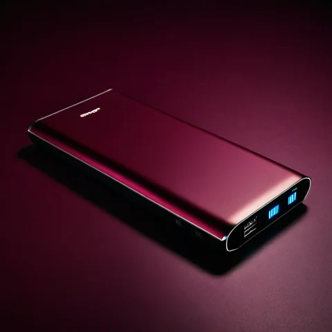 Loratech2matteburgundyv10.80, Techburgundy, A Portable Power... — SDXL AI Prompt: , techburgundy, a portable power bank on a deep matte burgundy surface, warm low...