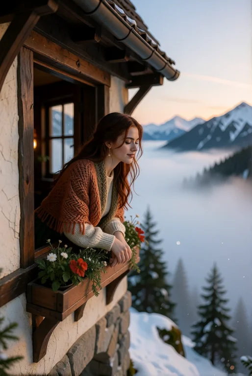 A Young Woman Leans From A Window Of A Mountain Inn Above A...
