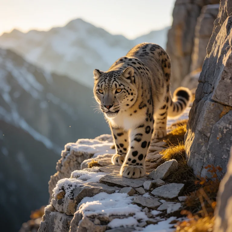 Low-angle Wildlife Telephoto Shot, Adult Snow Leopard Prowli...