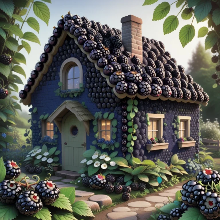 A Blackberry Cottage With A Lush Garden, Round Berries, Deep...