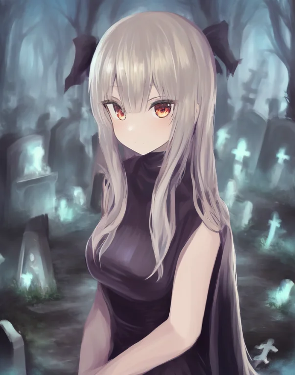 1girl, Dress, Magic,upper Body, Graveyard, Looking At Viewer...
