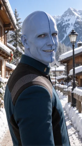 Blnml Alien Man, Chest-up, Slightly Low Angle, Turned Head,... — Stable Diffusion AI Prompt: blnml alien man, chest-up, slightly low angle, turned head, smiling, snowy villa...