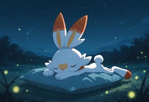 Scorbunny, Pokemon, Full Body, Closed Eyes, Outdoors, Sky, L... — Stable Diffusion AI Prompt: Scorbunny, pokemon, full body, closed eyes, outdoors, sky, lying, pokemon (creat...