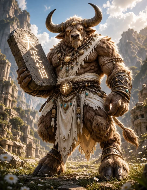 Titanascended, A Massive Minotaur Sage Standing Among Ancien...