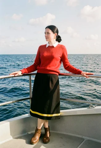 Full Body Shot Of A Woman In Her Early Thirties, Leaning Bac... — FLUX AI Prompt: Full body shot of a woman in her early thirties, leaning back on the railing of...