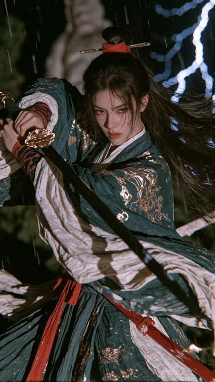 Cinematic Dark Wuxia Movie Still, Medium Shot, A Fierce Fema...
