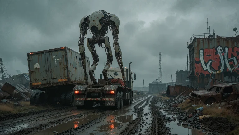 This Is A Dystopian Scene At Dusk. The Image Is Dominated Cr...