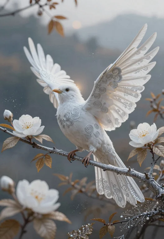 A Large White Bird With Fully Outstretched Wings Perched On...
