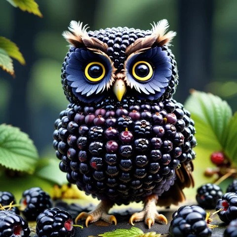 A Blackberry Owl, Dense Groups Of Dark, Round Berries, Deep... — SDXL AI Prompt: a blackberry owl, dense groups of dark, round berries, deep indigo to near-black...