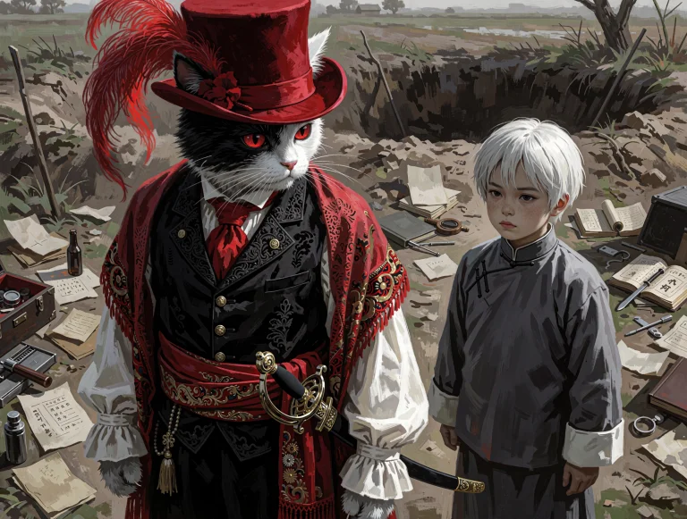 An Anthropomorphic Black Cat With White Fur And Red Eyes. He...