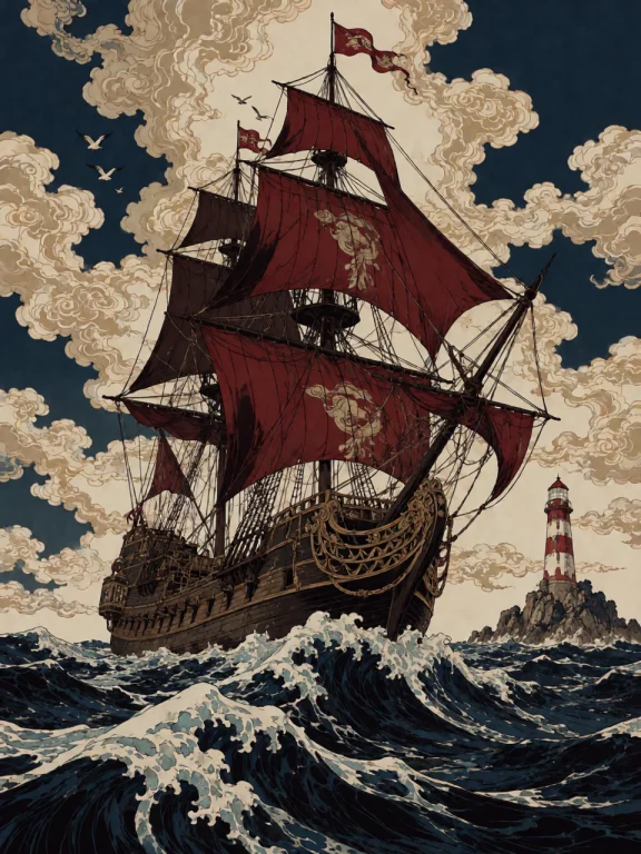 A Tall Wooden Sailing Ship With Dark Red Sails Crosses A Tur...