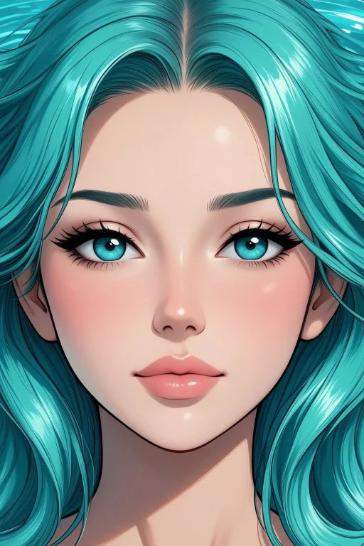 Woman Face Closeup, Aqua Hair, , Virtuosic Depiction, Unpara...
