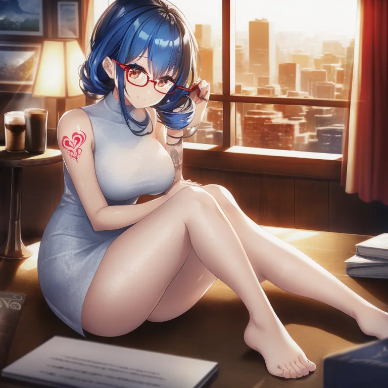Woman, Dress, Glasses, Tattoos, Masterpiece, Reflective, Cau...