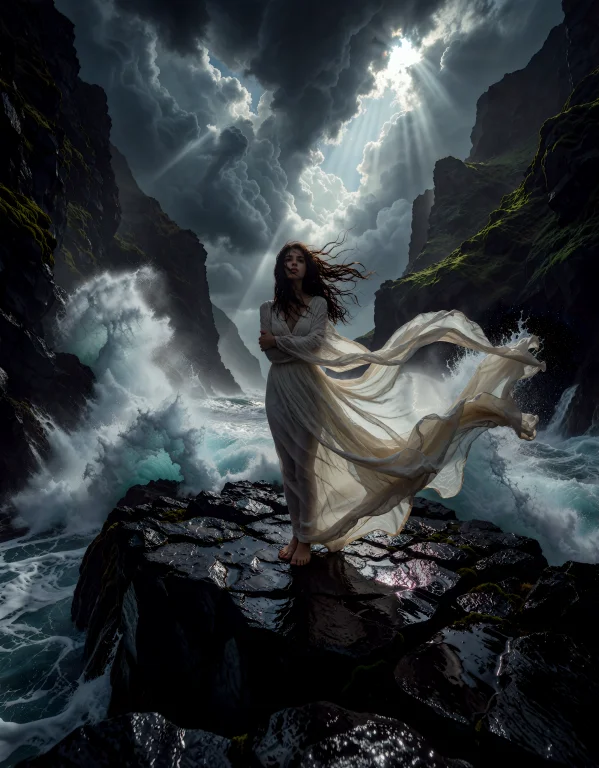 I. The Setting Rugged Black Rock Formation And Crashing Ocea...
