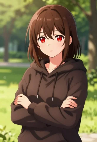 1girl, Solo, Shoulder-length Hair, Brown Hair, Red Eyes, Hoo... — Stable Diffusion AI Prompt: 1girl, solo, shoulder-length hair, brown hair, red eyes, hoodie, crossed arms, p...