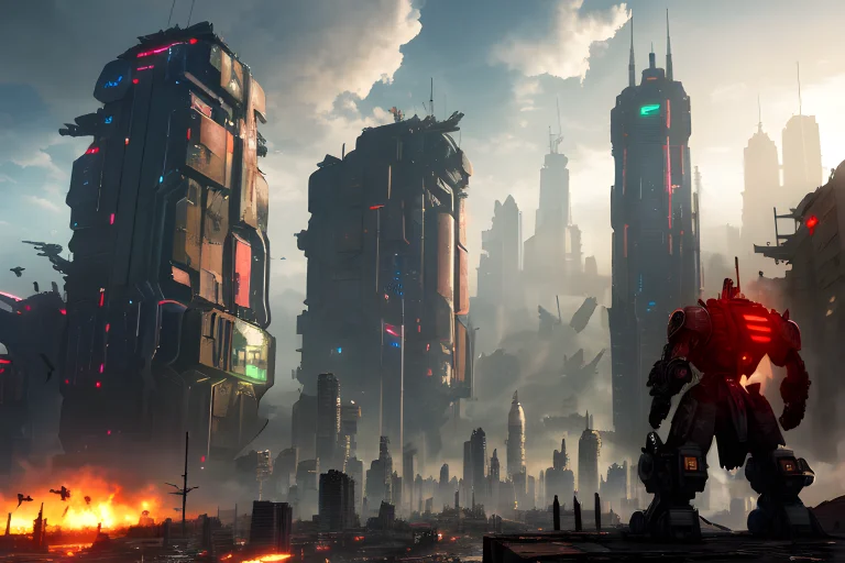 Cyberpunk City Over Run With War, Rusty Metal, Some Destroye...