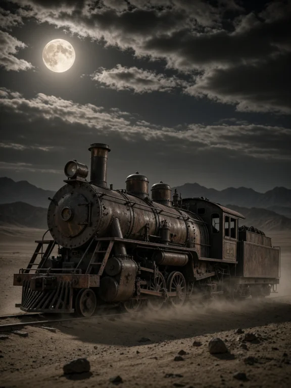 A Cinematic Night Scene Shows An Abandoned Steampunk Steam L...