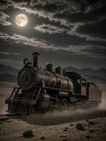 A Cinematic Night Scene Shows An Abandoned Steampunk Steam L... — Stable Diffusion AI Prompt: A cinematic night scene shows an abandoned steampunk steam locomotive abandoned...