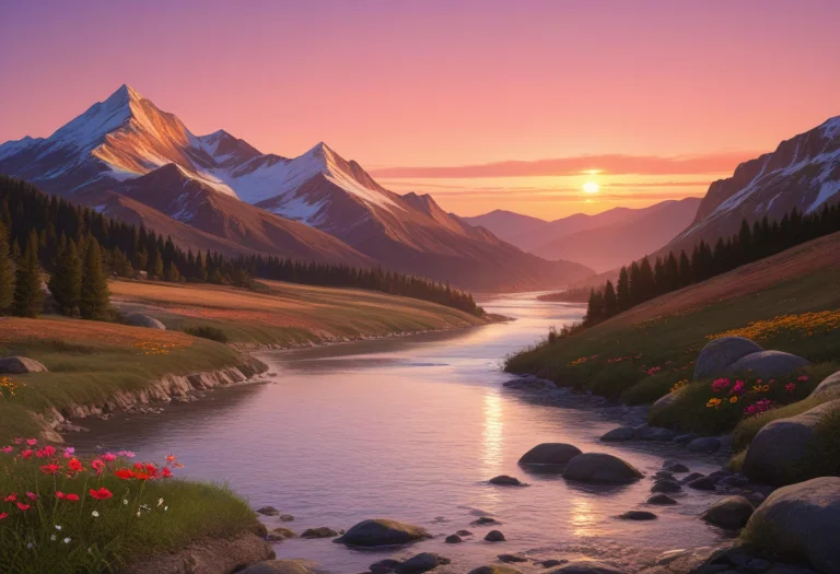 Majestic Alpine Peaks At Golden Hour, A Crystal-clear Glacia...