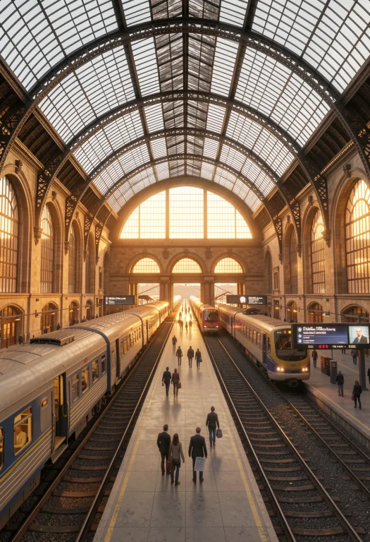 A Grand Train Station Under A Vaulted Glass Roof, Cinema 4d...