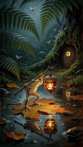 A Dimly Lit Scene Featuring A Tiny Tree Frog Carrying A Smal... — Stable Diffusion AI Prompt: A dimly lit scene featuring a tiny tree frog carrying a small acorn lantern acro...
