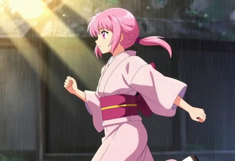 1girl, Solo, Bob Cut, Pink Hair, Ponytail, Pink Eyes, Kimono...