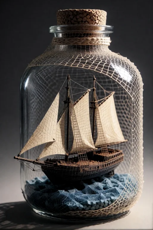 3dworld , A Ship-in-a-bottle A Tiny Schooner With Cream Flas...