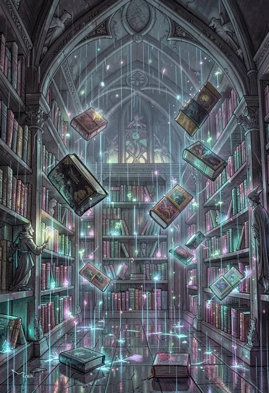 A Mages Library Where Books Drift In Midair, Editorial Illus...