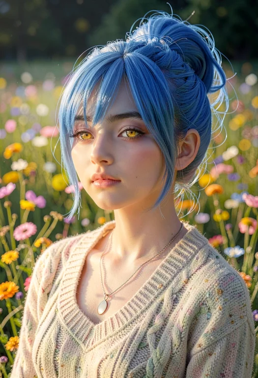 1girl, Solo, Blue Hair, Half Updo, Yellow Eyes, Sweater, Nec...