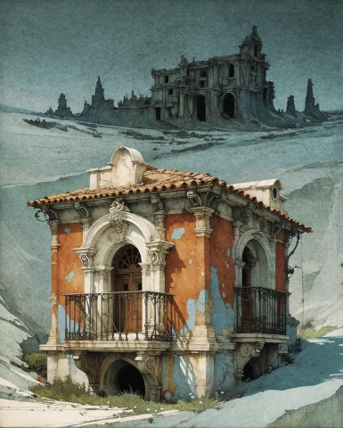 Bradhamel Art Style An Oil-painted Mediterranean Building Fa... — Stable Diffusion AI Prompt: / Bradhamel art style/ An oil-painted Mediterranean building facade rendered as...