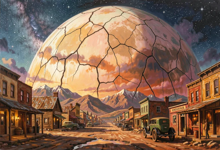 A Frontier Town Under A Cracked Dome Sky, Acrylic Painting,...